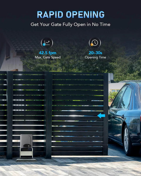 Automatic Sliding Gate Opener Kit with Wireless Keypad and Remotes 280W Motor for rapid driveway gate access, shown in operation