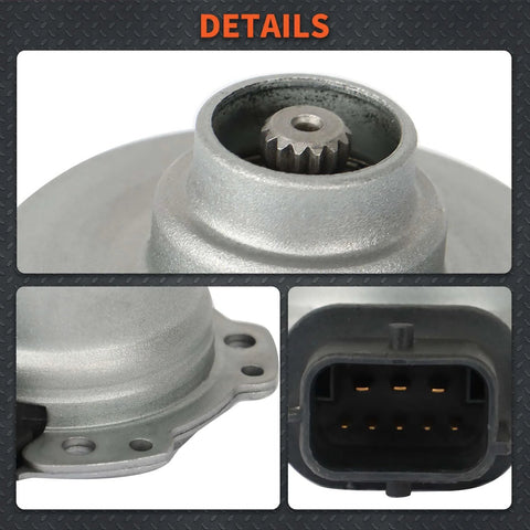 Automatic transmission clutch actuator, close-up of internal gear in silver housing
Clutch actuator side view, mounting flange with holes on silver metal casing
Actuator electrical connector, multi-pin plug for transmission harness