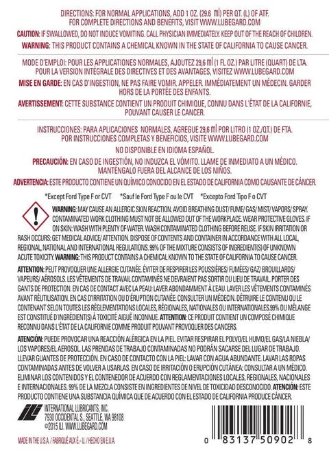 Rear label of Automatic Transmission Fluid Protectant 32 Oz Bottle with usage directions and safety warnings in multiple languages.