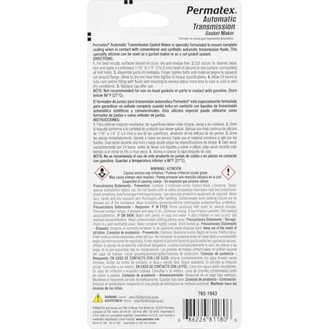 Back packaging of Automatic Transmission RTV Sealant, 3 Oz Tube, Gray, showing instructions and safety information.