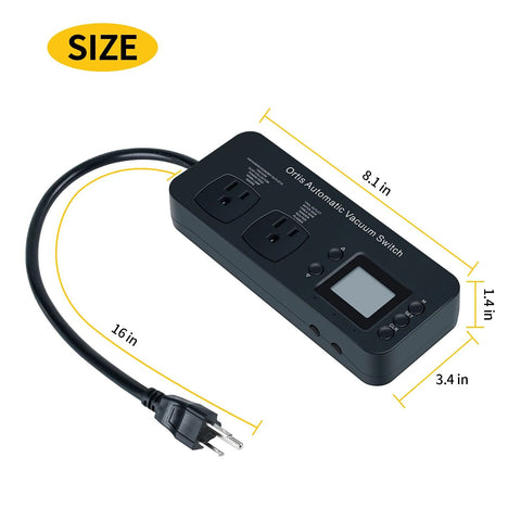 Ortis automatic vacuum switch for power tools, black plastic unit with dual outlets and digital display.