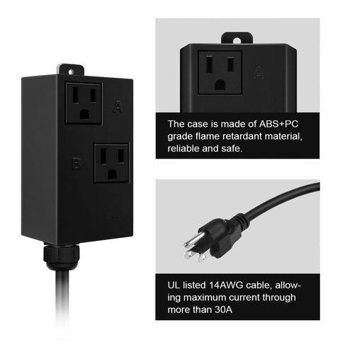 Automatic vacuum switch, side view, with dual outlets A and B in black ABS+PC housing; 14 AWG power cord.