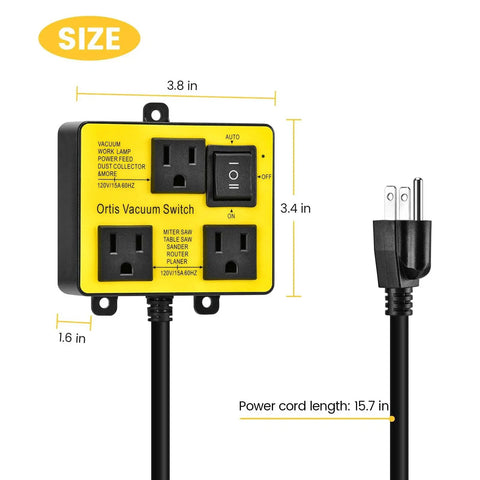 Automatic Vacuum Switch For Power Tools With Dual Tool Outlets And Auto On Off Delay, showing dimensions and power cord length.