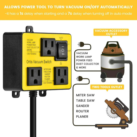 Automatic Vacuum Switch For Power Tools With Dual Tool Outlets And Auto On Off Delay, featuring two outlets and labeled controls.