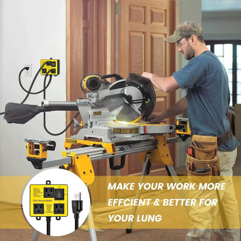 Woodworker using mitre saw with Automatic Vacuum Switch For Power Tools With Dual Tool Outlets And Auto On Off Delay To Prevent Circuit Overload And Tripping on wall.