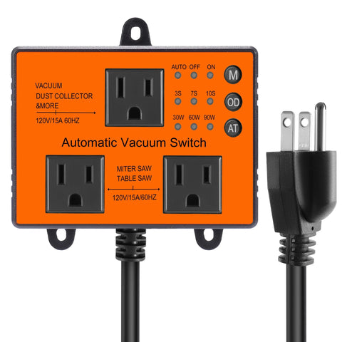 Automatic Vacuum Switch with orange faceplate, dual 120V outlets for dust collector and saw, Auto/On/Off modes