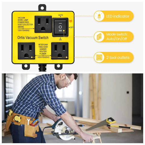 Automatic Vacuum Switch For Power Tools With Dual Tool Outlets And Auto On Off Delay; yellow switch panel and woodworking setup.