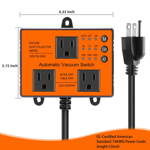 Automatic Vacuum Switch unit, orange panel with three 120V outlets, AUTO/OFF/ON controls, power cord attached.
