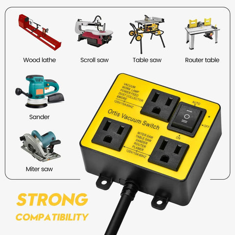 Image showing an automatic vacuum switch for power tools with dual tool outlets compatible with multiple woodworking machines.