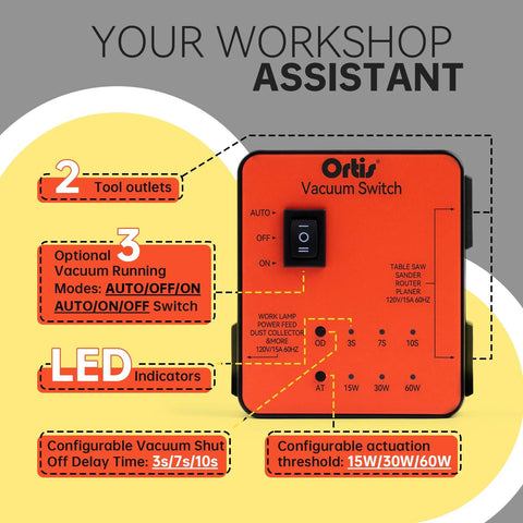 Orange Ortis Vacuum Switch for two tool outlets; auto/on/off modes with adjustable start and delay, LED indicators.