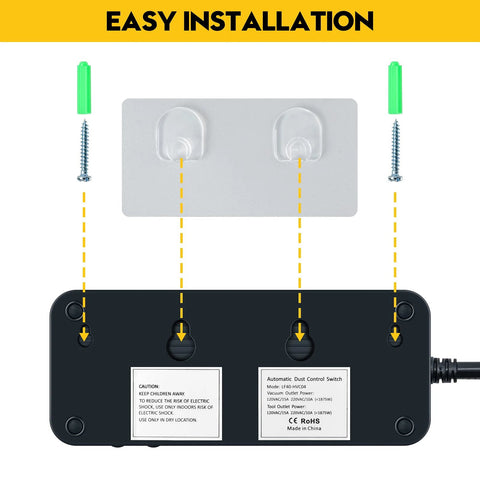 Automatic vacuum switch control box with power cord, shown with wall-mount screws and anchors in installation diagram