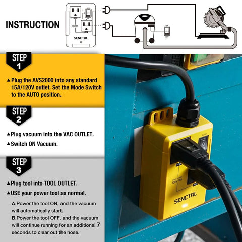 SenCTRL automatic vacuum switch, yellow wall-mounted control for auto on/off of a dust collector with a power tool.