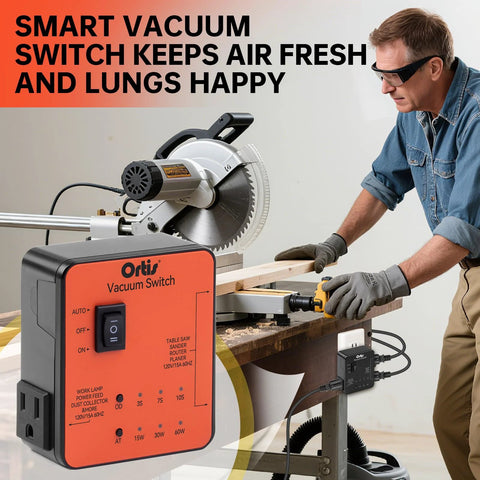 Ortis Vacuum Switch orange control box with Auto/On/Off switch for dust collection; power saw in use