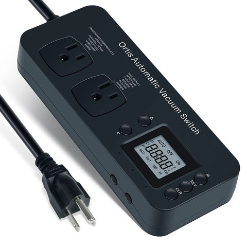 Ortis Automatic Vacuum Switch for power tools with dual outlets, dark blue housing, and digital display.