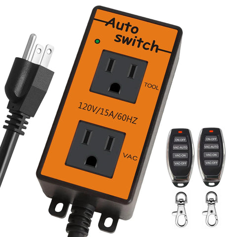 Amazon BISS auto switch for dust collector; orange faceplate with dual 120V outlets and two remotes.