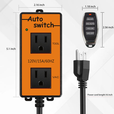 Automatic vacuum switch with remote; orange panel with TOOL and VAC outlets, 120V/15A, for dust collection.