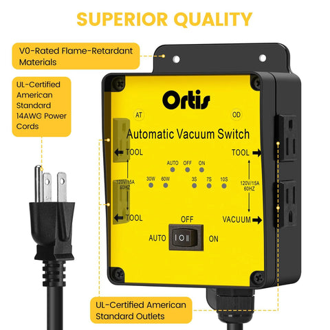 Ortis Automatic Vacuum Switch, yellow control box with dual tool outlets and vacuum outlet, 120V/15A