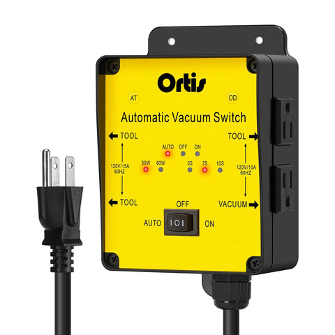 Ortis Automatic Vacuum Switch yellow control panel for dust control with auto/off/on switch and 3 tool outputs