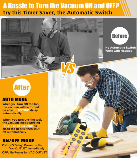 Automatic vacuum switch with remote; yellow remote with ON/OFF/AUTO buttons at a woodworking bench