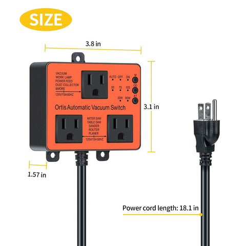 Ortis Automatic Vacuum Switch by Amazon, orange front with two 120V outlets, 3.8in W x 3.1in H, 18.1in cord