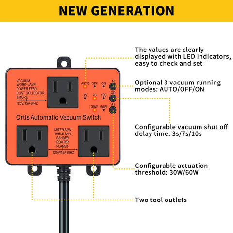 Ortis automatic vacuum switch with orange enclosure and two tool outlets, LEDs, Auto/Off/On, adjustable setting.