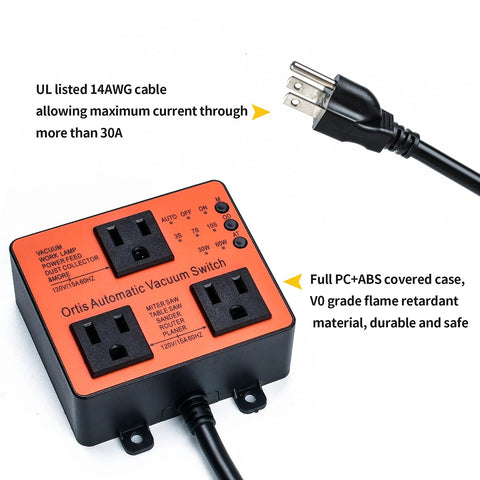 Ortis Automatic Vacuum Switch by Amazon, orange PC+ABS case with multiple outlet sockets and power cord
