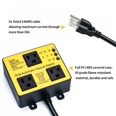 Ortis Automatic Vacuum Switch with two outlets, yellow plastic housing and power plug