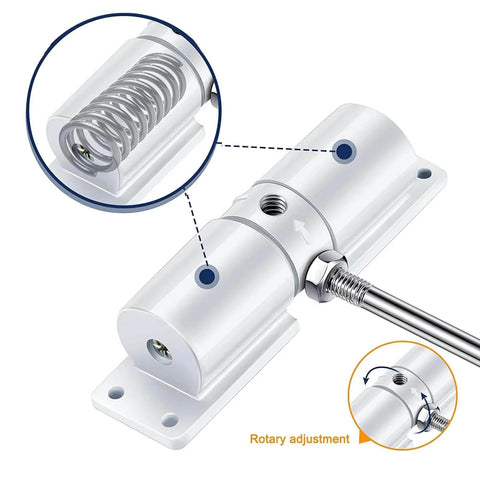 Close-up of Automatic Door Closer, Zinc Alloy Safety Spring Door Closer Adjustable 30 kg Closing Door Hinge in White with rotary adjustment.