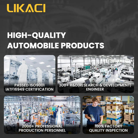 Collage of a high-tech factory with production lines, workers, and quality inspection, labeled 'High-Quality Automobile Products'