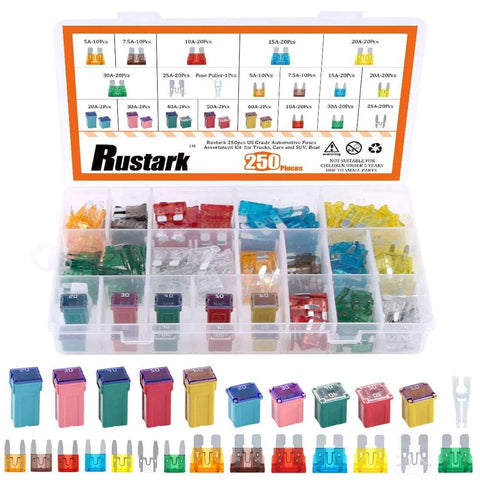 250 Piece US Grade Automotive Fuse Kit with Standard and Mini Blade Fuses in a boxed assortment for cars, trucks, SUVs, and boats.