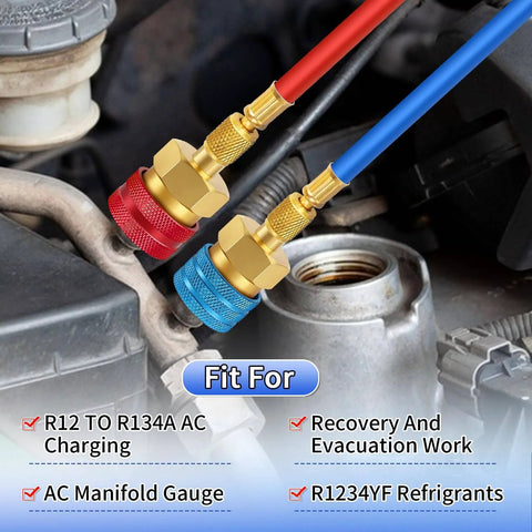 R1234YF To R134A Quick Coupler Kit For Automotive AC DIY Friendly Dual Side Adapters With Visible Hoses And Brass Fittings