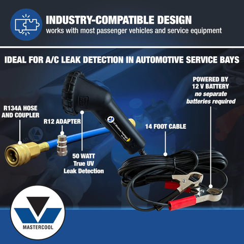 Mastercool 53351 UV leak detection kit with 12V light; dyes and glasses; detects A/C, coolant, fuel, oil leaks; R134a/R12 compatible