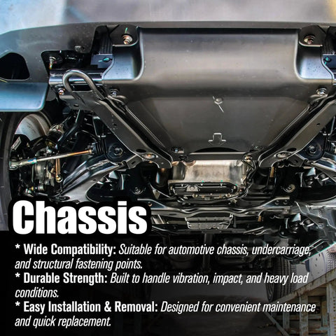 Automotive chassis system showing undercarriage with fastening points and components.