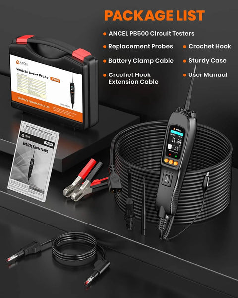 All In One Automotive Power Circuit Probe Tester Kit with pro-grade injector driver, oscilloscope, accessories, and manual.