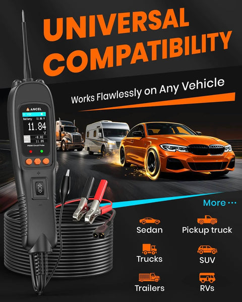 All In One Automotive Power Circuit Probe Tester Kit For Cars 12/24V with display and connector clips, universal compatibility