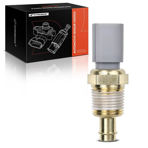 Two items: A-Premium engine coolant temperature sensor with gray plastic cap and brass threaded body, shown with its packaging box.