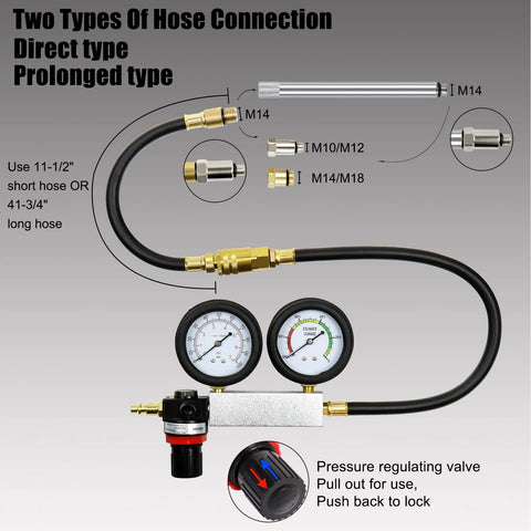 YSTOOL cylinder leak-down tester kit with dual gauges, black hoses, brass fittings, pressure regulator valve, and extension rod