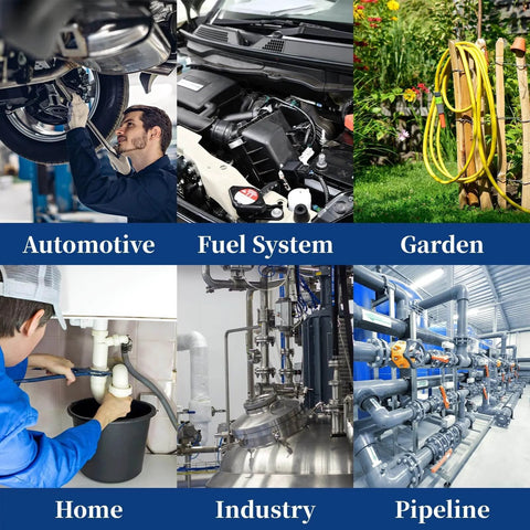 Collage of hose applications: automotive repairs, fuel system maintenance, garden hose setup, home plumbing, industrial machinery, pipeline.