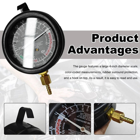 DXNQ fuel pump and vacuum tester gauge with 4-inch dial, black housing and brass adapter for automotive fuel system testing