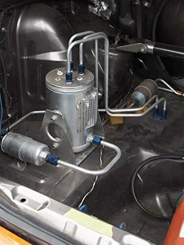Installed Stainless Steel T Bolt Clamp with Stand Cradle for Hose OD 3.4 to 3.7 Inches, 304 Grade, fuel pump setup