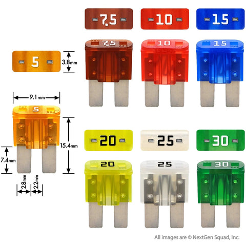 50 Piece All In One Grab-and-Go Automotive Fuse Kit With Micro 2 Blade Fuses And Fuse Puller, Glove Box Set, Includes 5A, 7.5A, 10A, 15A, 20A, 25A, And 30A Fuses, Color Coded And Transparent Housings For Easy Visual Checks, various colored fuses display.