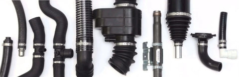 Various automotive pipes and components with clamps for assembly