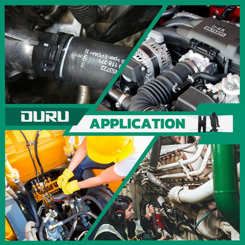 Collage of automotive and industrial hose applications using 365 Piece Spring Hose Clamps Kit 6 To 25mm With 45 Degree Plier