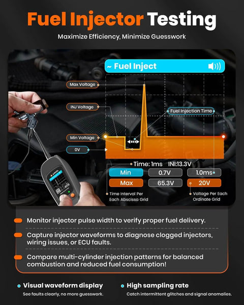 Person using All In One Automotive Power Circuit Probe Tester Kit For Cars 12/24V with graph display for fuel injector testing.