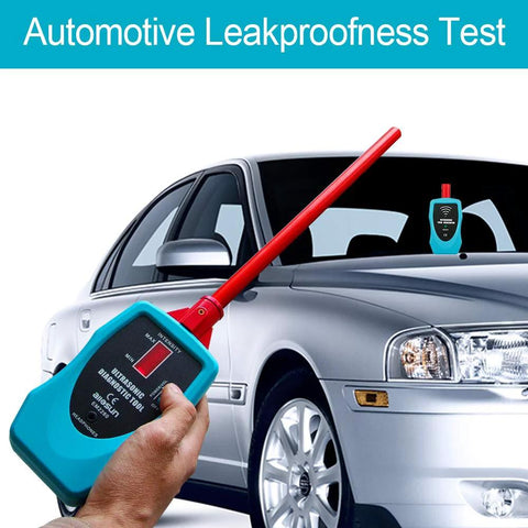 Front view of ultrasonic leak detector handheld unit with turquoise body and red probe for automotive leak detection