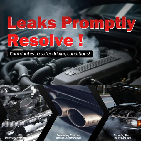Solary SD101 automotive smoke leak tester banner; engine bay collage with bold red Leaks Promptly Resolve! text
