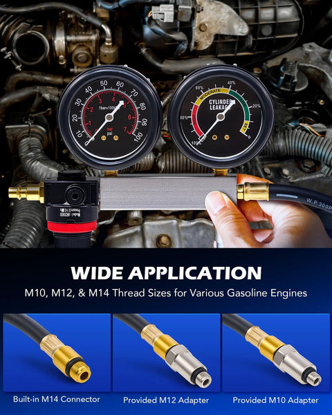 Orion Motor Tech cylinder leak-down tester kit with dual gauges and hoses mounted on engine bay