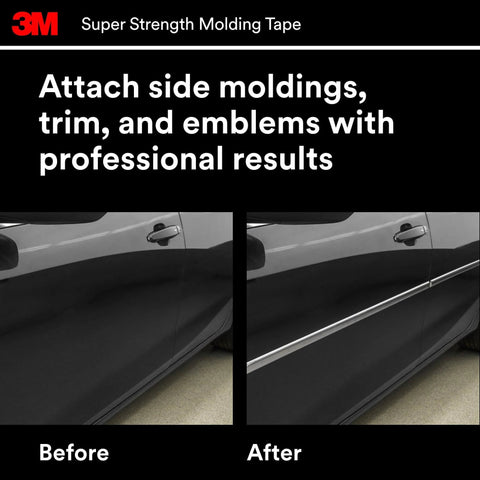 Before and after using Heavy-Duty Automotive Molding Tape 7/8 Inch Wide By 15 Feet on car side trim for a clean finish