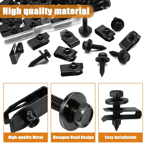 Kit includes 50Pcs 1/4 U Nut Clips And Fender Bolts for automotive fasteners, black phosphate-coated steel, easy installation.