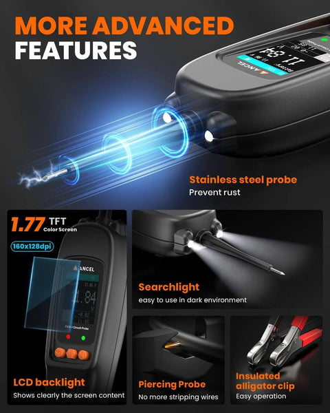 All In One Automotive Power Circuit Probe Tester Kit For Cars 12/24V with stainless steel probe and LCD features.